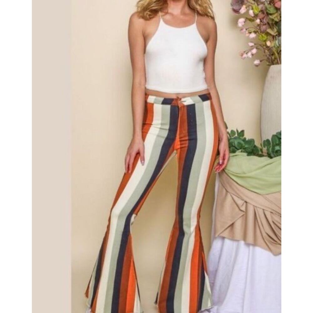 Peach Love California 70s Striped Blue Flare Bell Bottoms Jeans Pants Sz Large